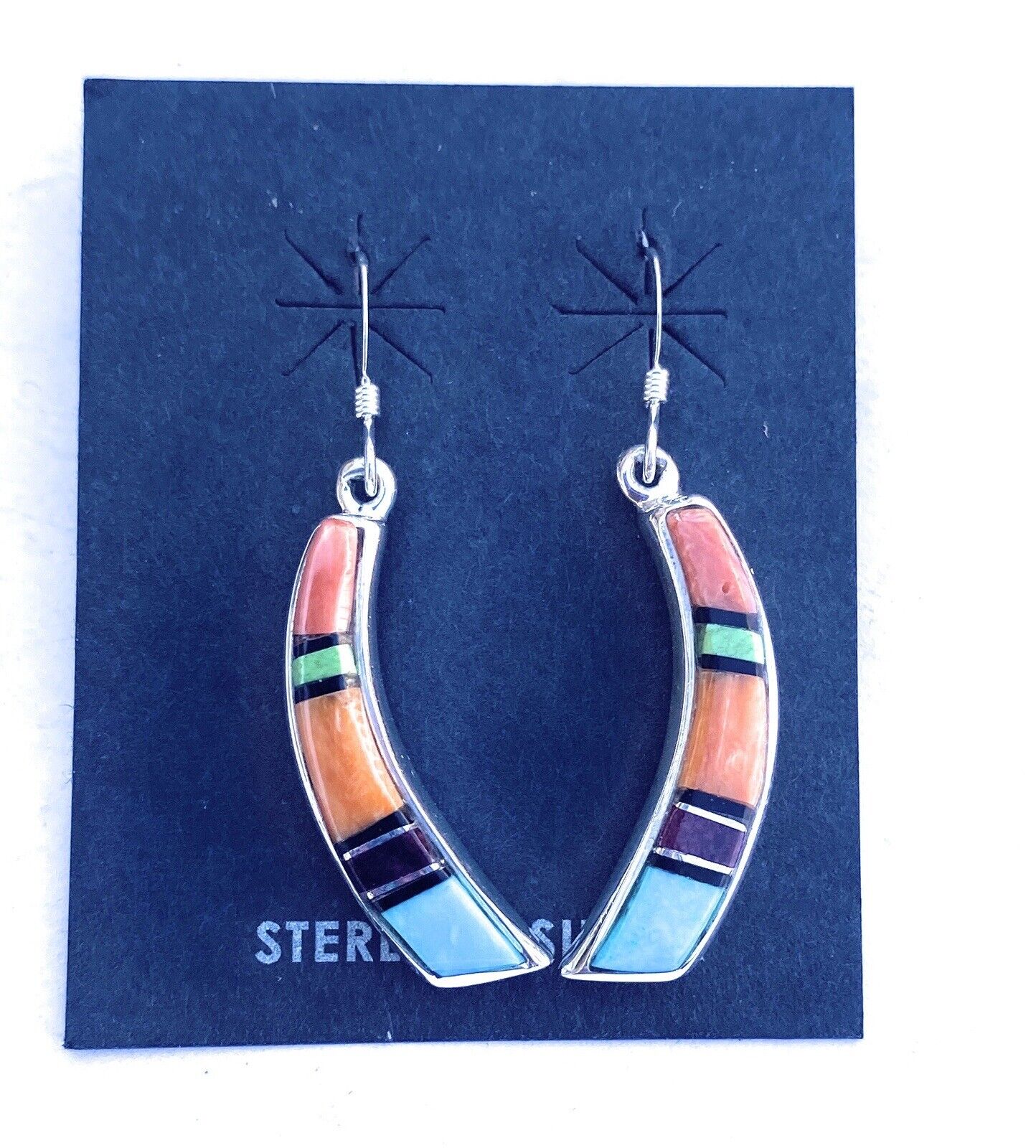 Navajo Multi Stone And Sterling Silver Inlay Dangle Earrings