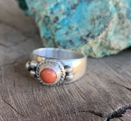 Navajo Natural Coral Sterling Silver Braided Edge Band Ring Stamped Sterling