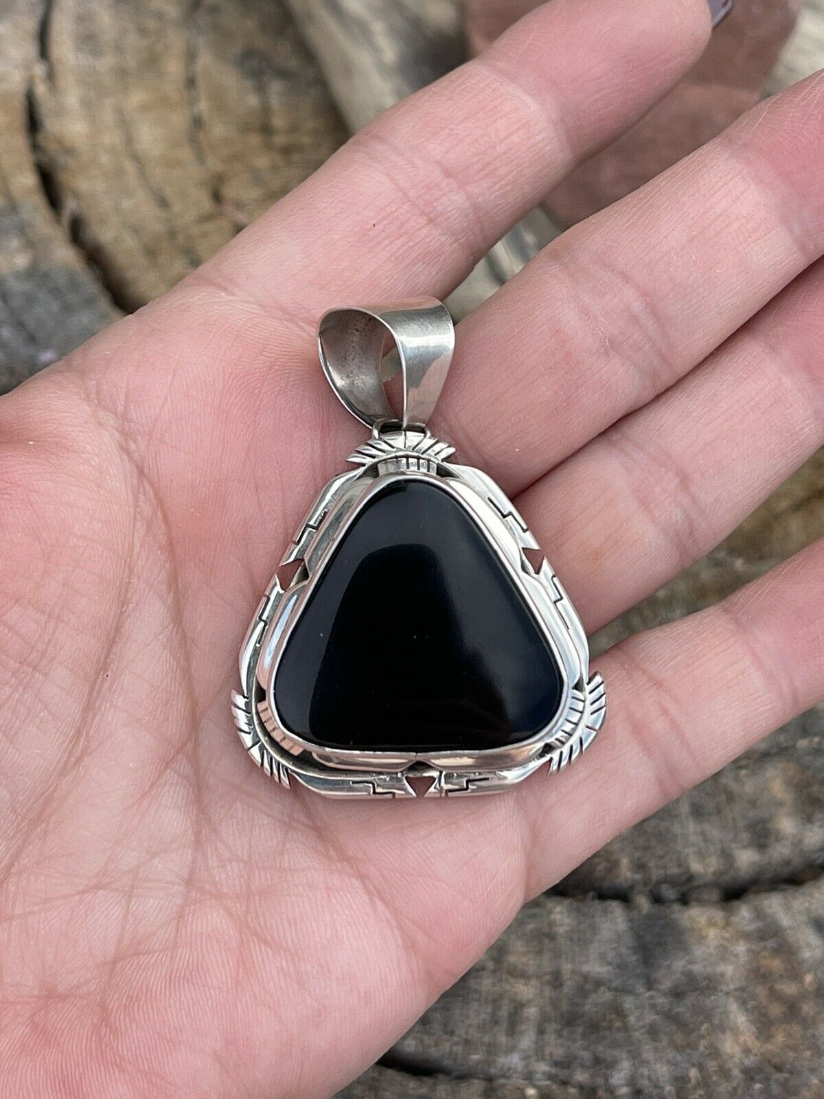 Navajo Sterling Silver Black Onyx Elegant Triangle Pendant Signed