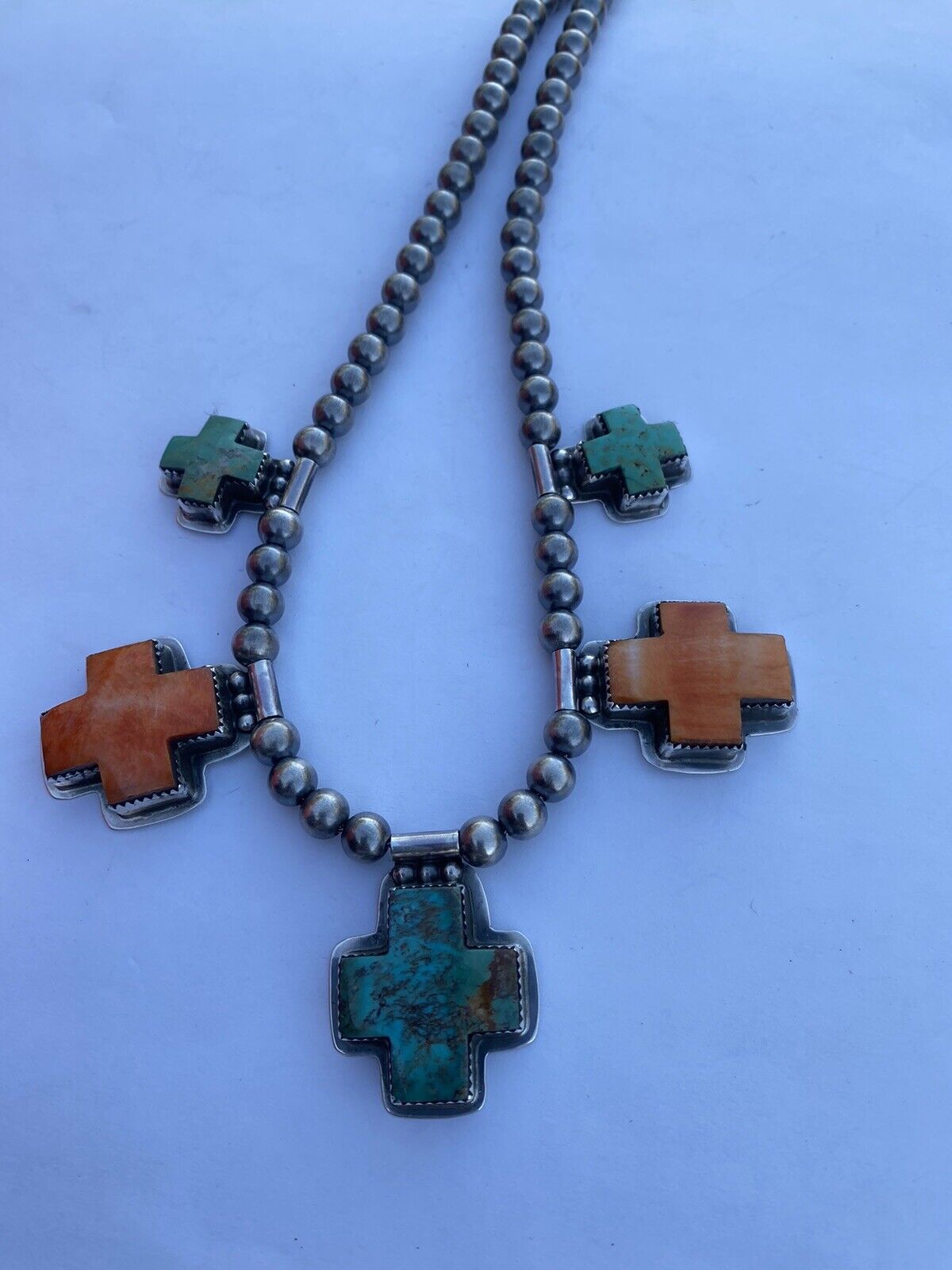 Buffalo Dancer Kingman Turquoise & Spiny Sterling Cross Beaded Necklace Signed