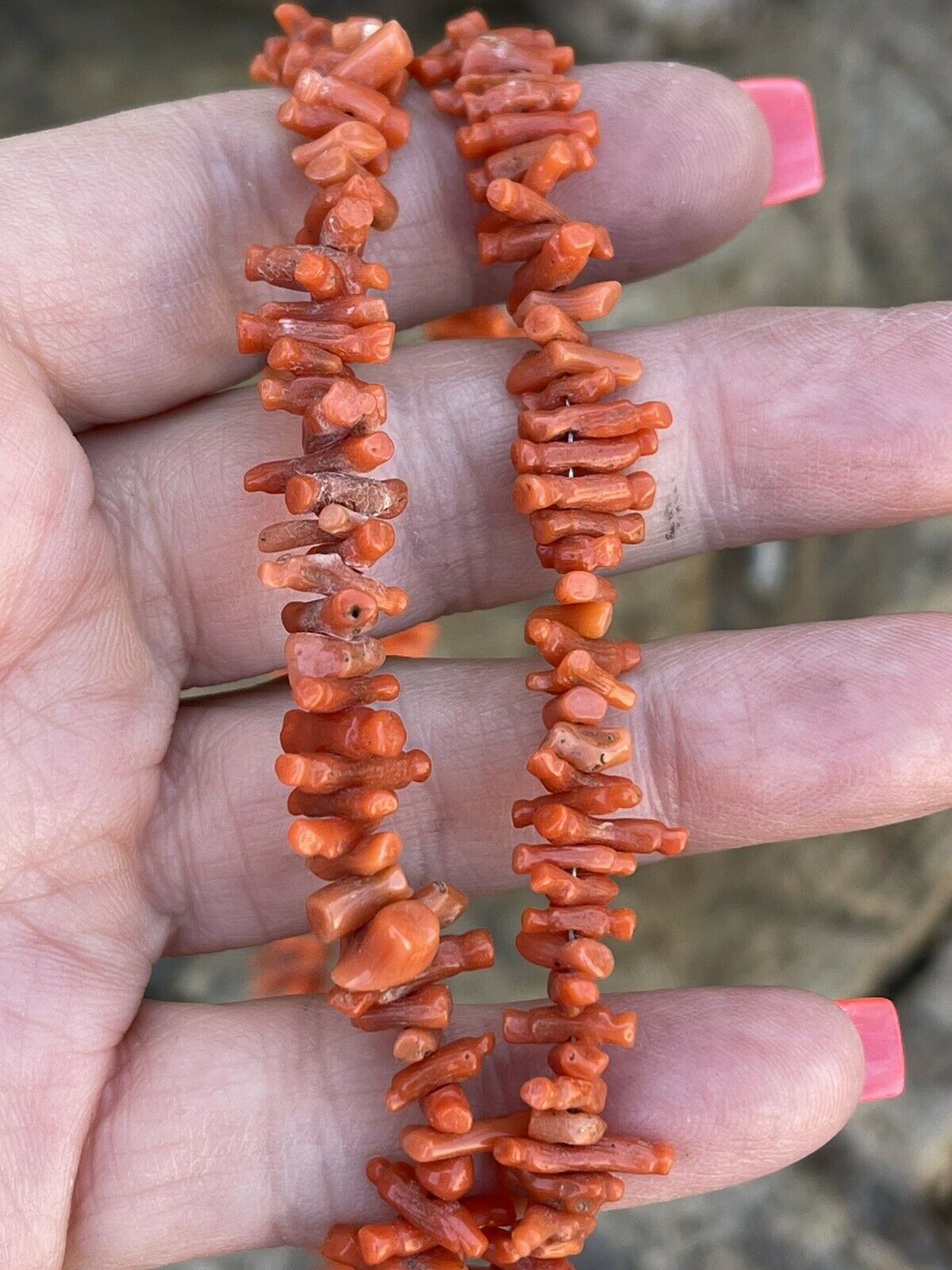 Navajo Sterling Silver Natural Coral Strand Bead 30 Inch Necklace