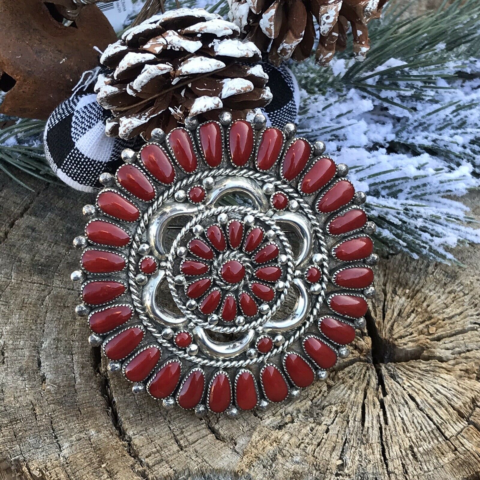 Navajo Jumbo Sterling Silver & Natural Red Coral Cluster Pendant/pin Signed