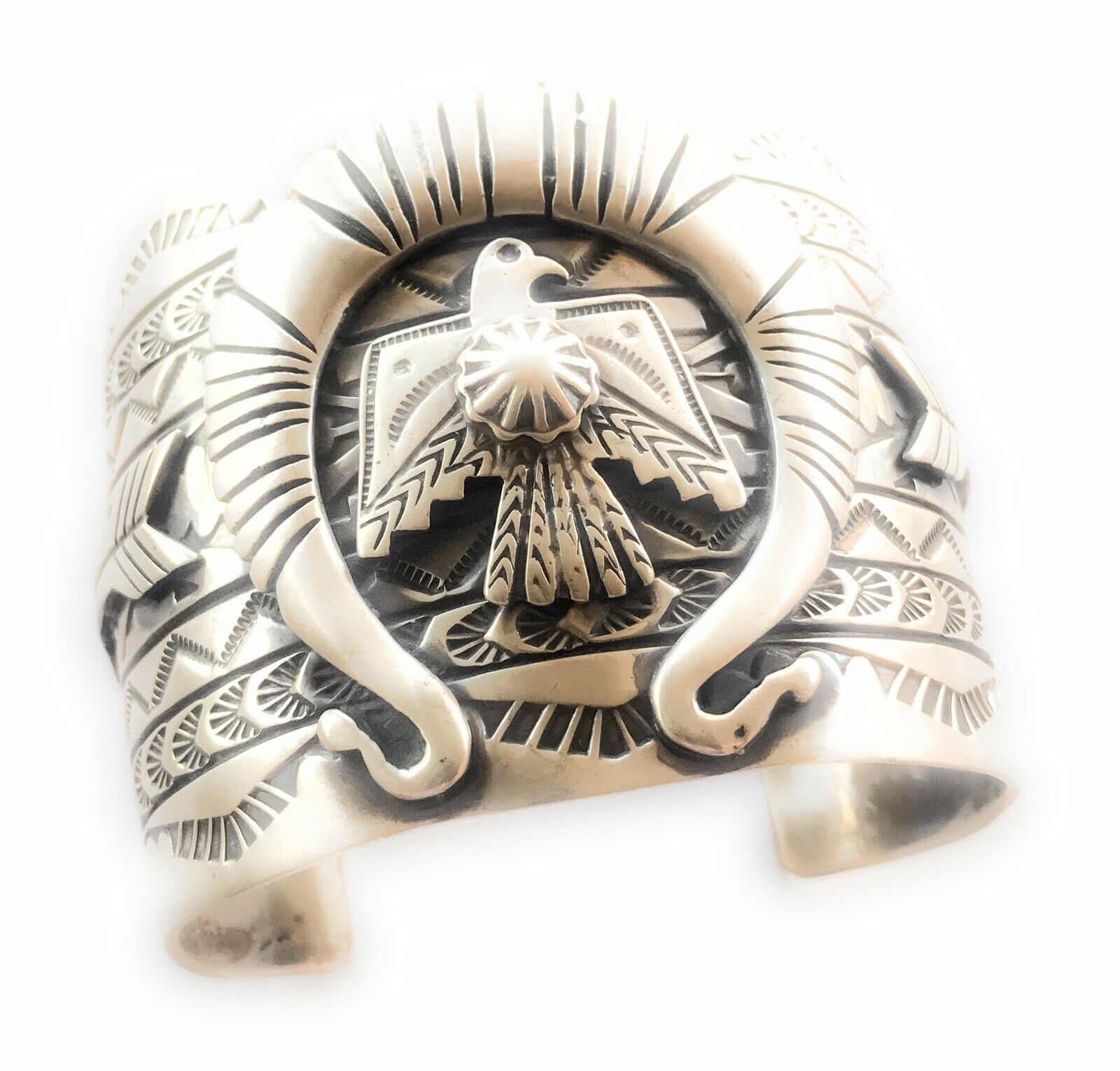 Sterling Silver Navajo Stamped Thunderbird Cuff Made By Rick Enrique