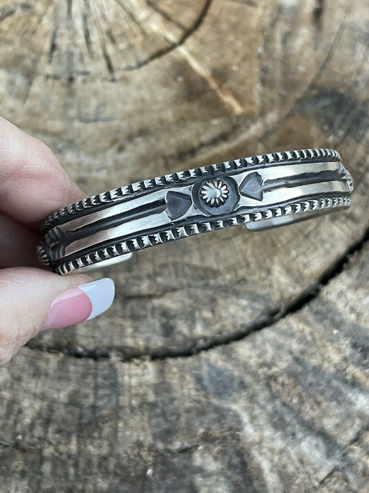 Navajo Sterling Silver Hand Stamped Bracelet Cuff By Artist Elvira Bill