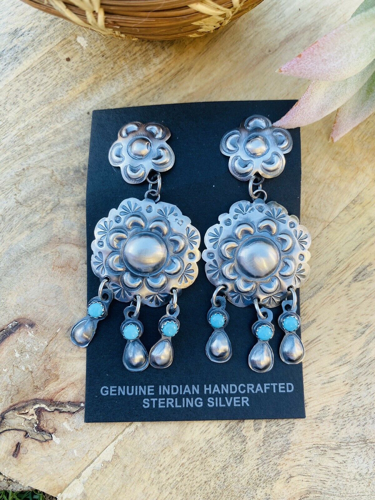 Navajo Sterling Silver & Turquoise Concho Dangle Earrings Signed