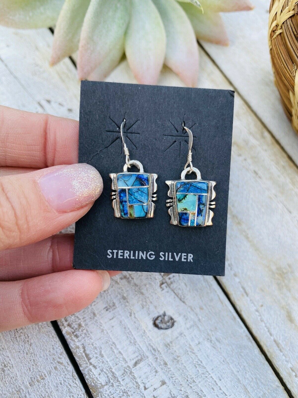 Navajo Natural Opal And Sterling Silver Inlay Dangle Earrings