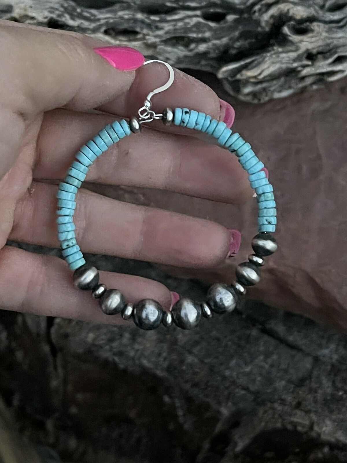 Navajo Sterling Silver Turquoise Stone French Hook Hoop Earrings