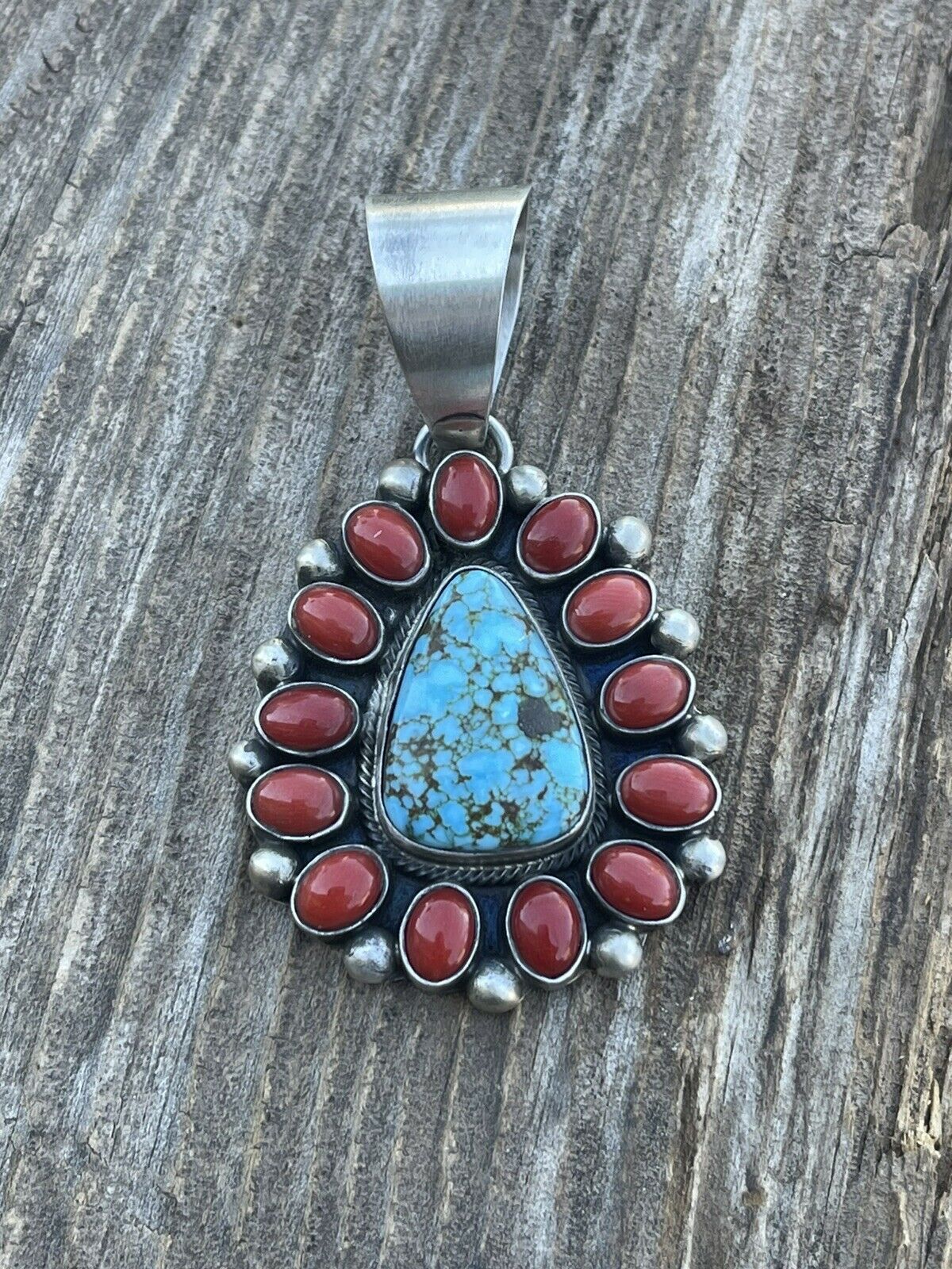 Navajo Sterling Kingman Web Turquoise & Red Coral Taos Pendant Kathleen Chavez