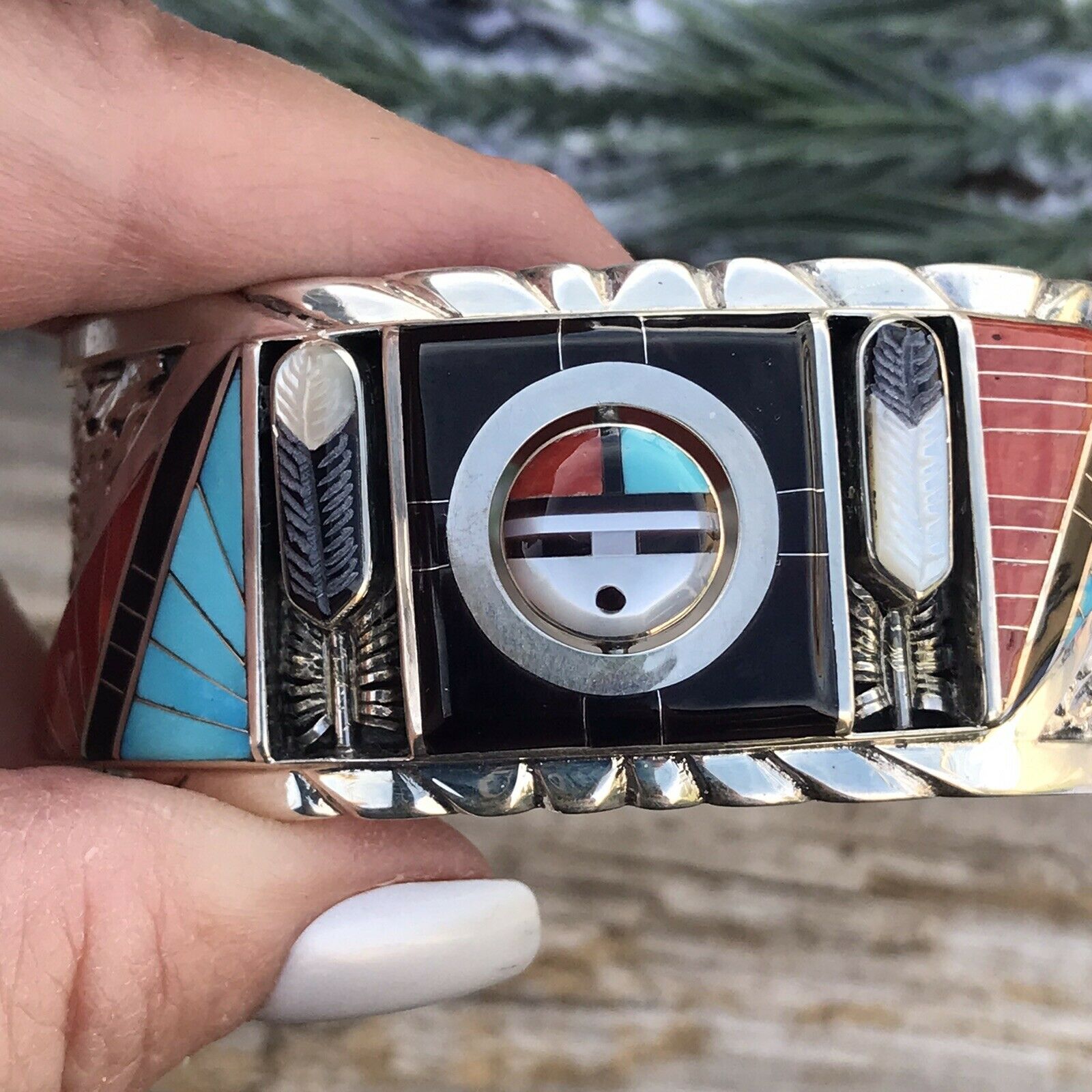 Don Dewa Zuni Sterling Silver Multi-stone SunFace Changer Bracelet Cuff