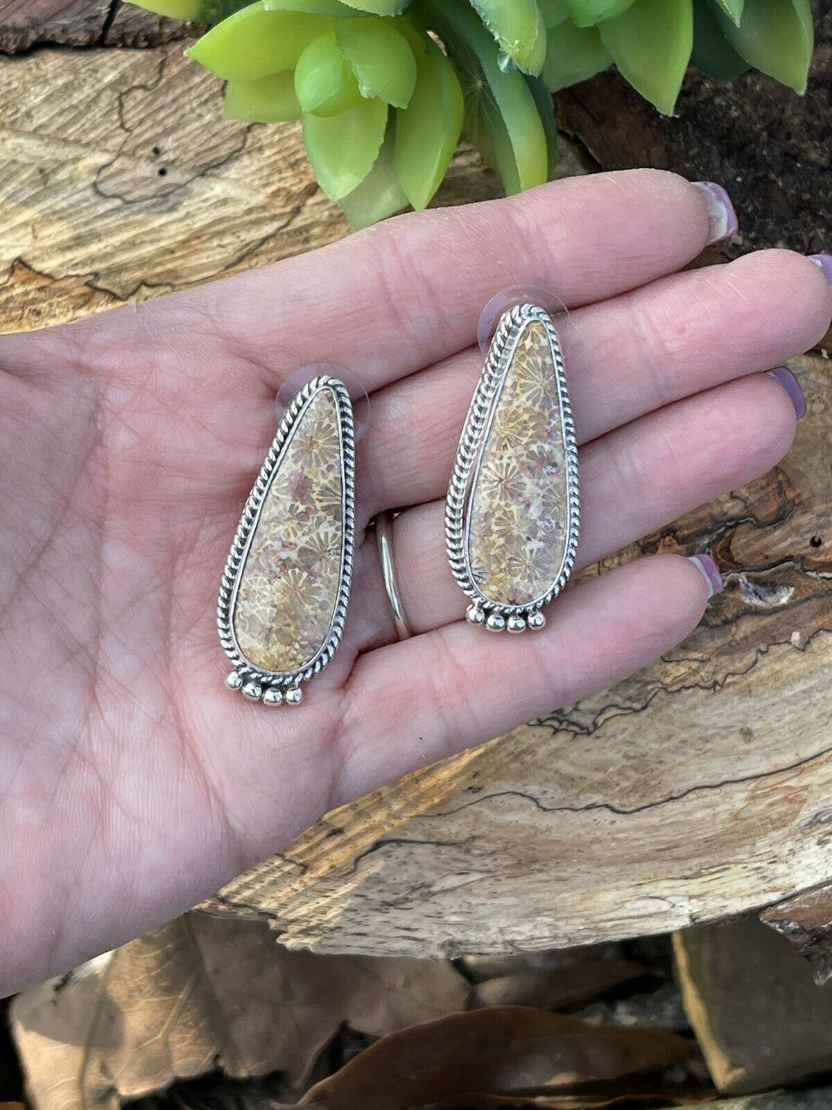 Navajo Fossilized Coral & Sterling Silver Post Earrings Signed