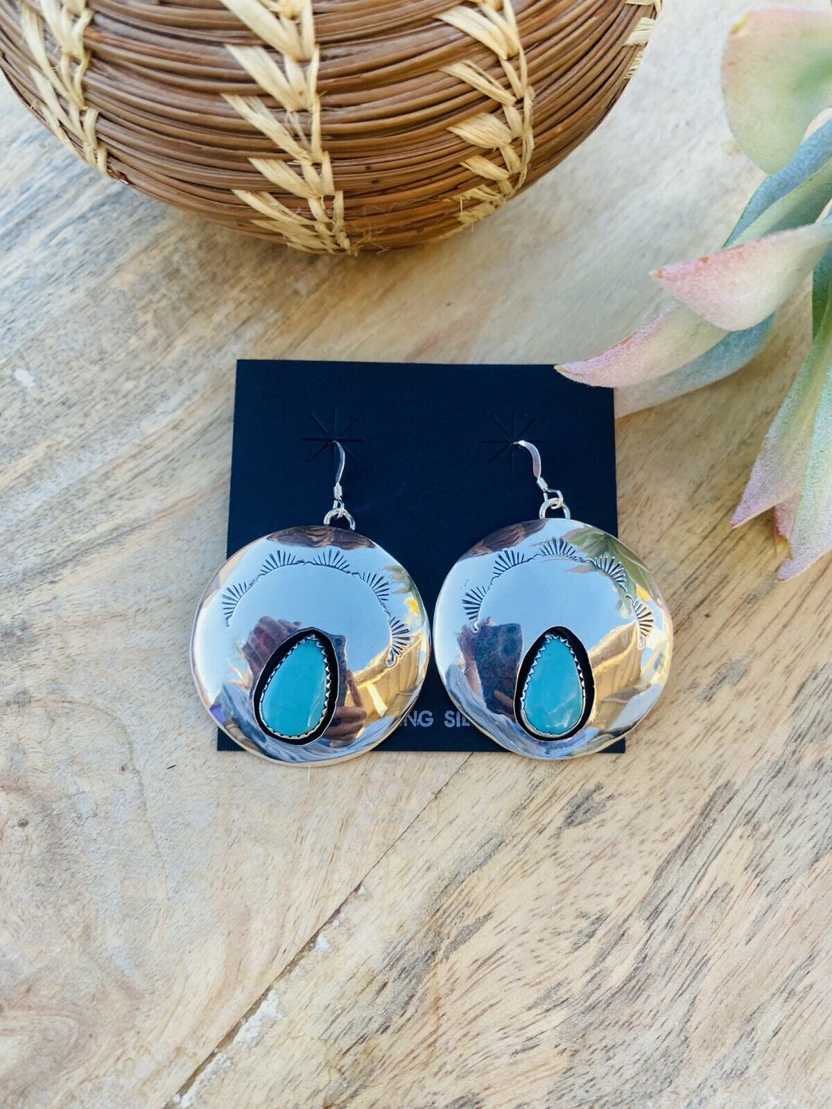 Navajo Sterling Silver & Turquoise Circle Dangle Earrings Signed