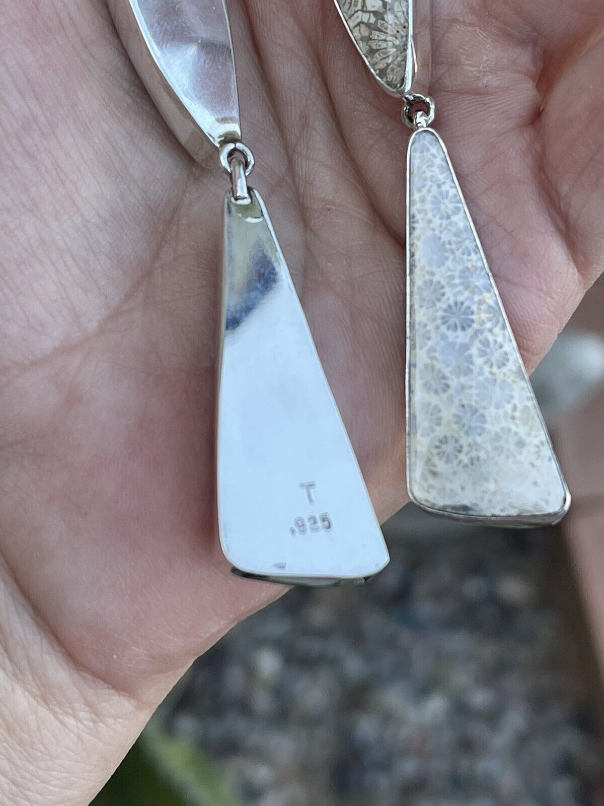 Navajo Fossilized Coral & Sterling Silver Dangle Earrings Signed