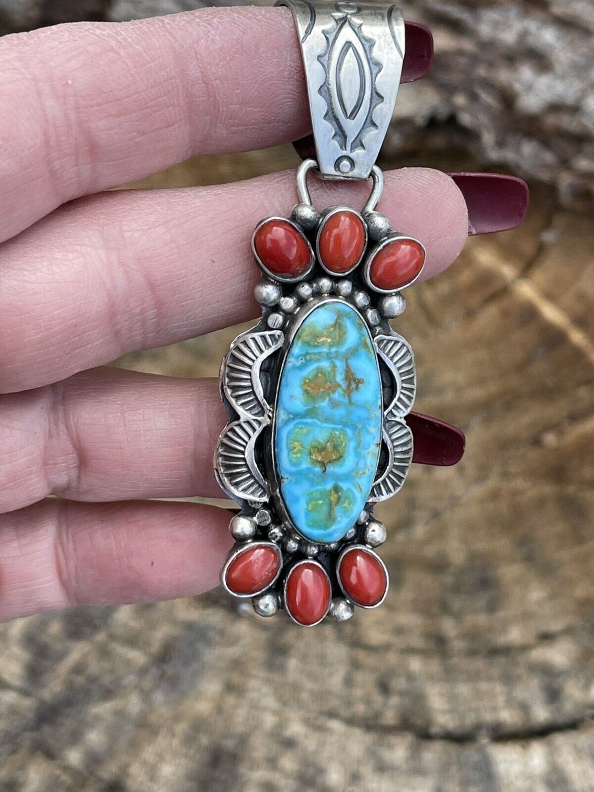 Navajo Sterling Kingman Web Turquoise & Red Coral Pendant Taos Collection