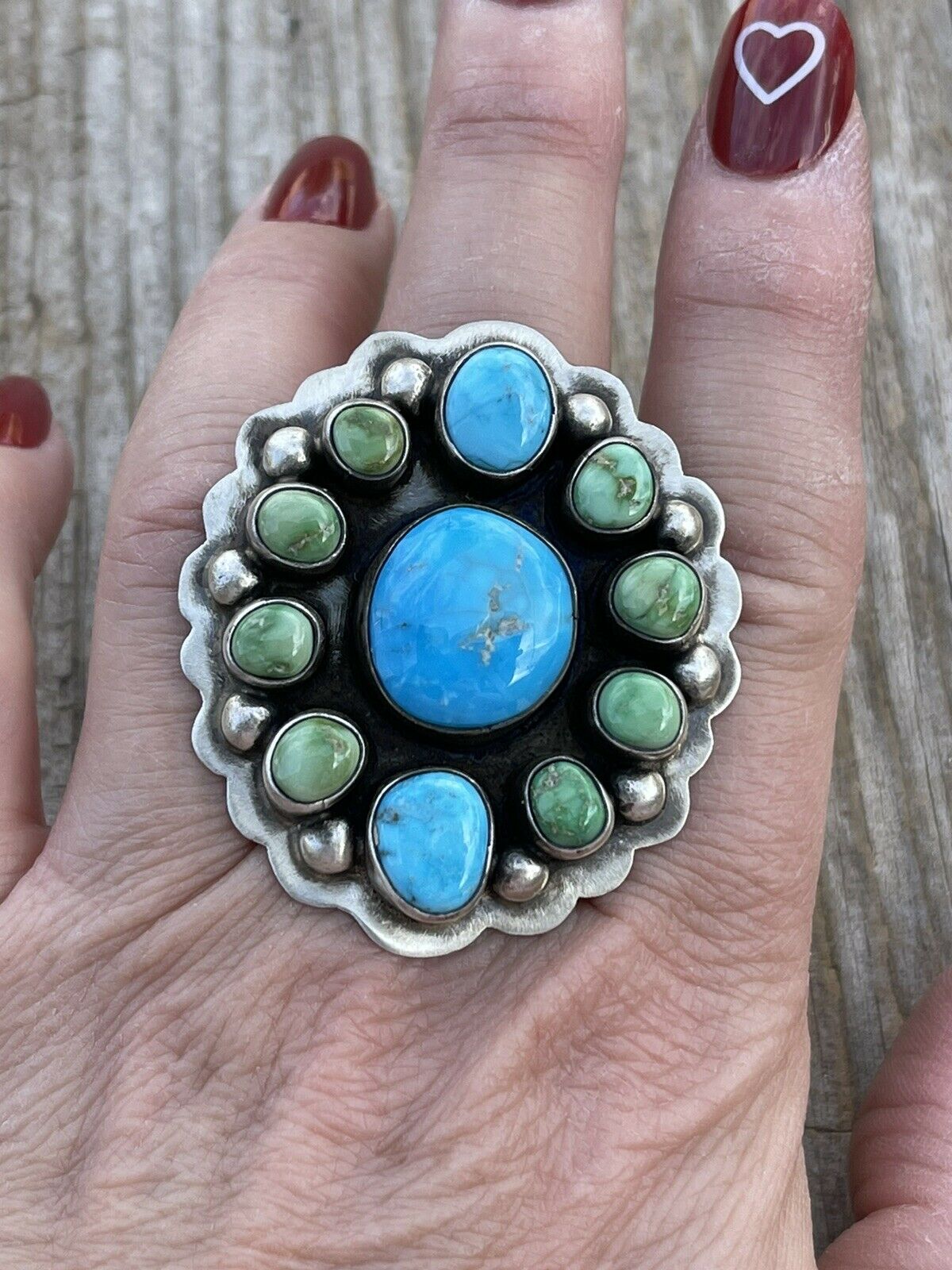 Navajo Sterling Sonoran Gold And Golden Hills Turquoise Cluster Ring Size 8.5