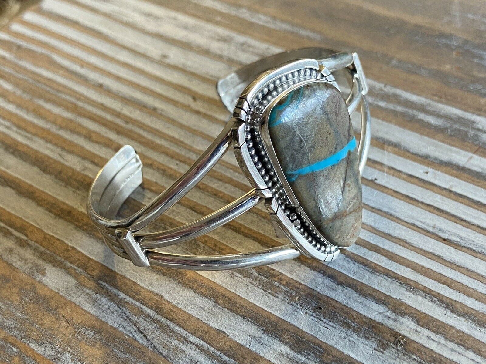 Navajo Ribbon Turquoise & Sterling Silver Cuff Bracelet Signed