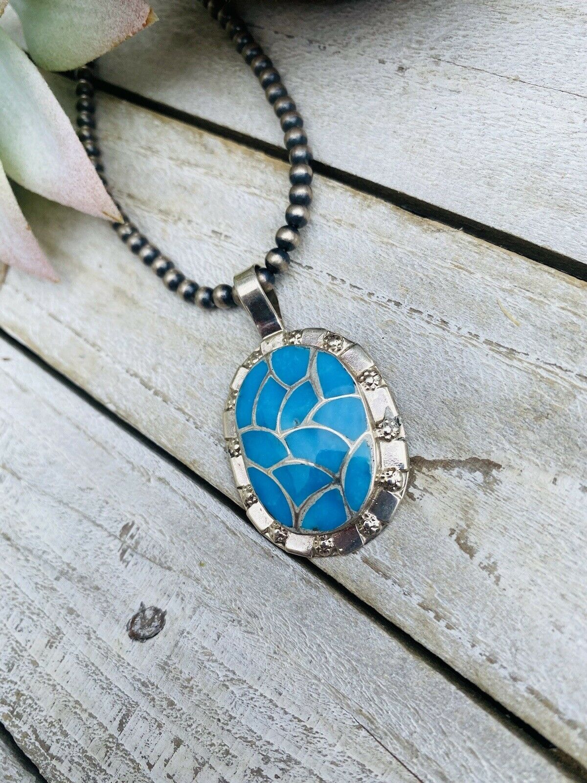 Vintage Zuni Turquoise & Sterling Silver Inlay Pendant Signed