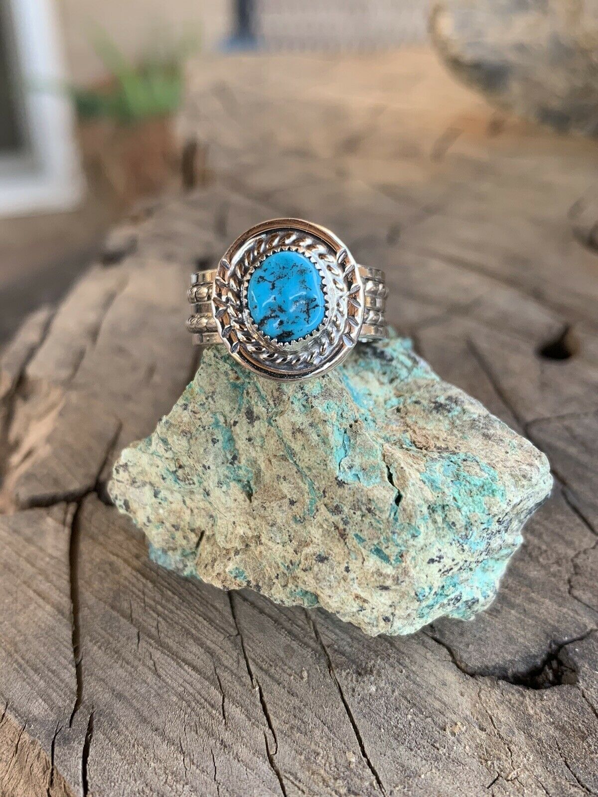 Navajo Kingman Turquoise & Sterling Silver Braided Ring