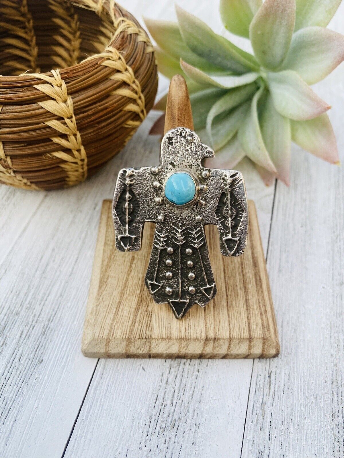 Navajo Thunderbird Sterling Silver & Kingman Turquoise Adjustable Ring