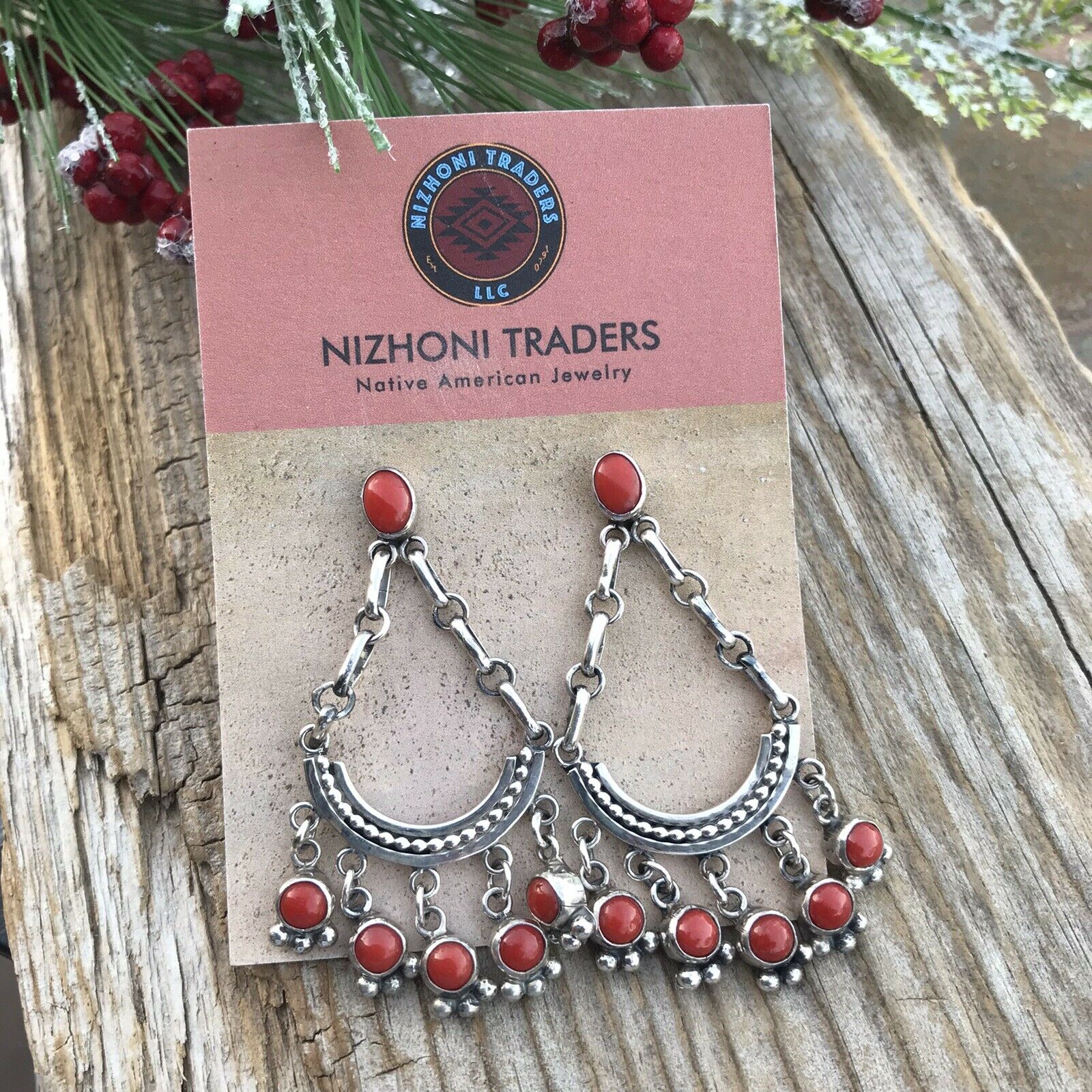 Navajo Natural Red Coral Sterling Silver Chandelier Style Dangle Earrings