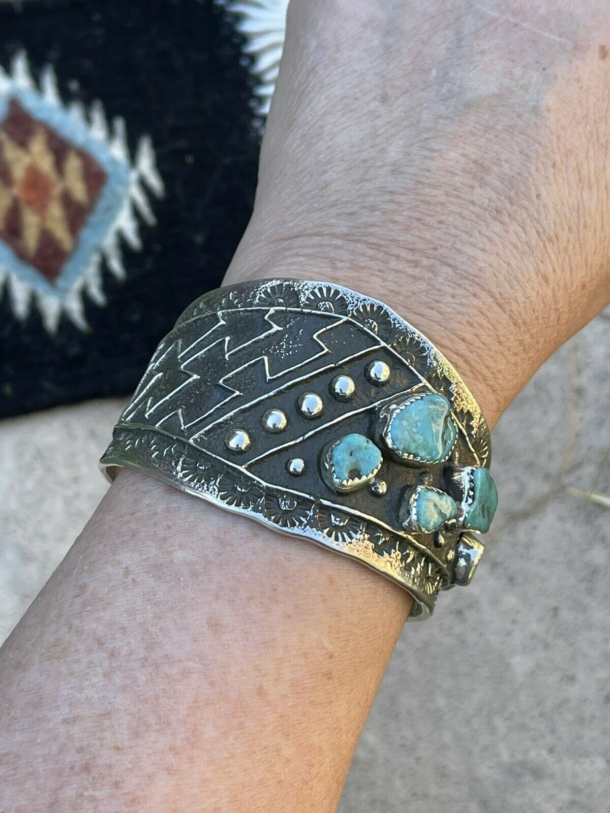 Navajo Turquoise & Sterling Silver Tufa Cast Tribal Cuff Signed Delbert Arviso