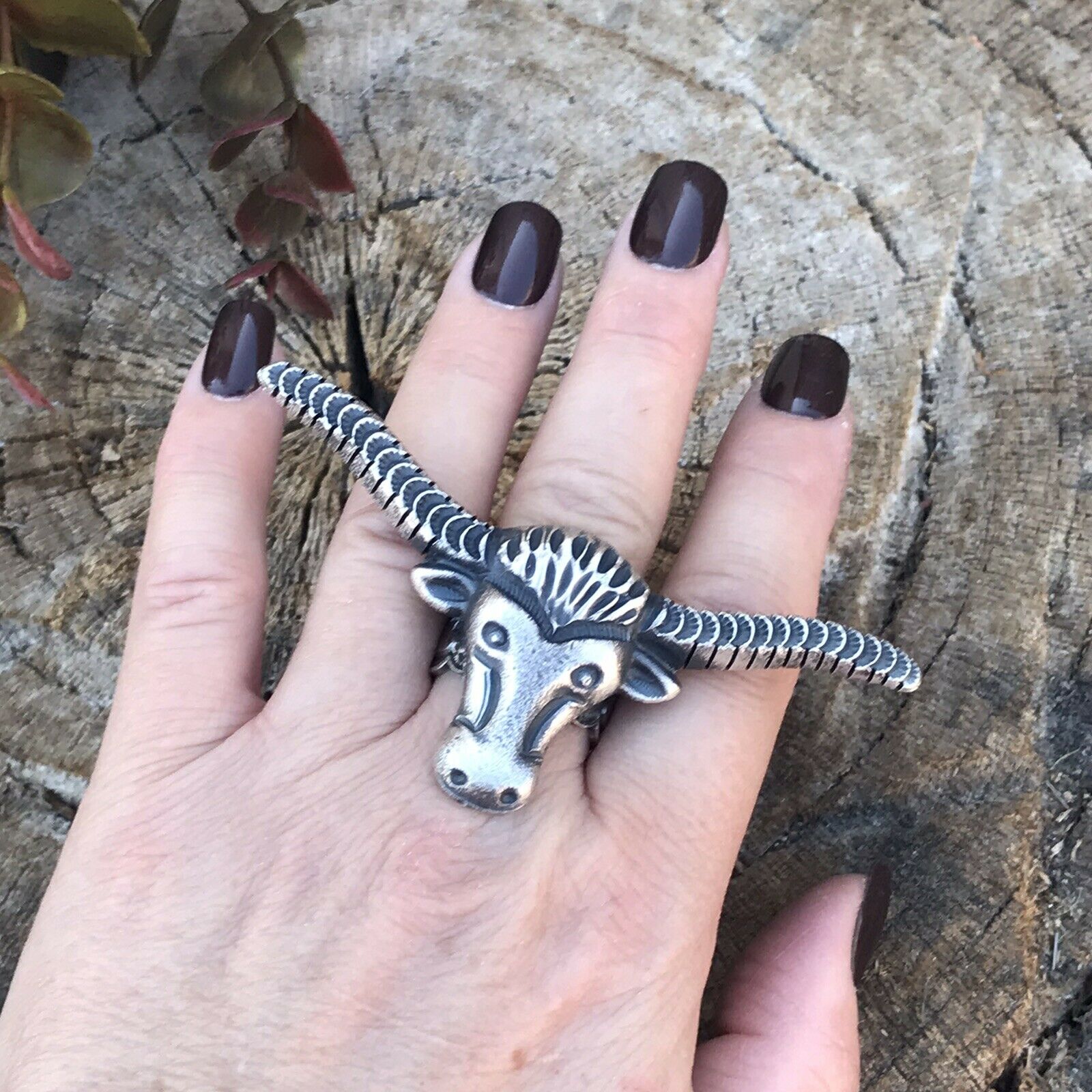 Navajo Sterling Silver Longhorn Cattle Steer Head Statement Ring