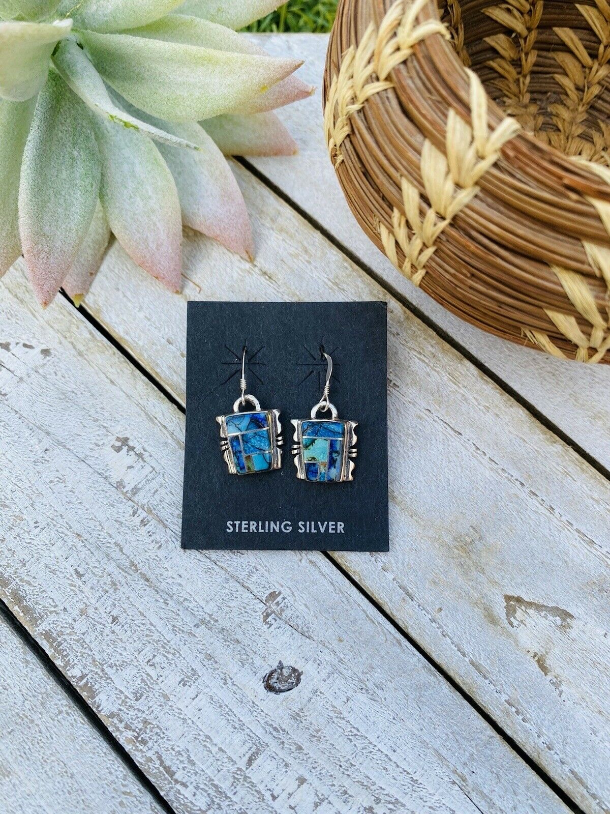 Navajo Natural Opal And Sterling Silver Inlay Dangle Earrings