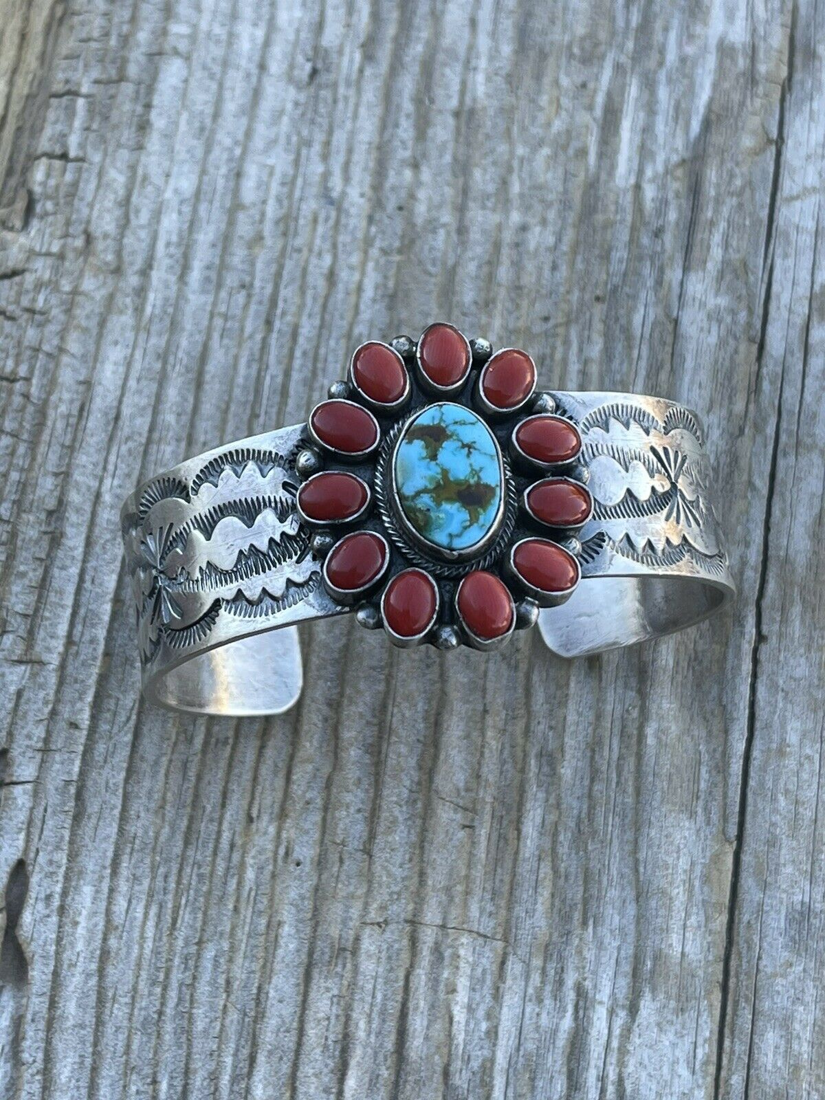 Navajo Sterling Kingman Web Turquoise & Red Coral Taos Bracelet Cuff