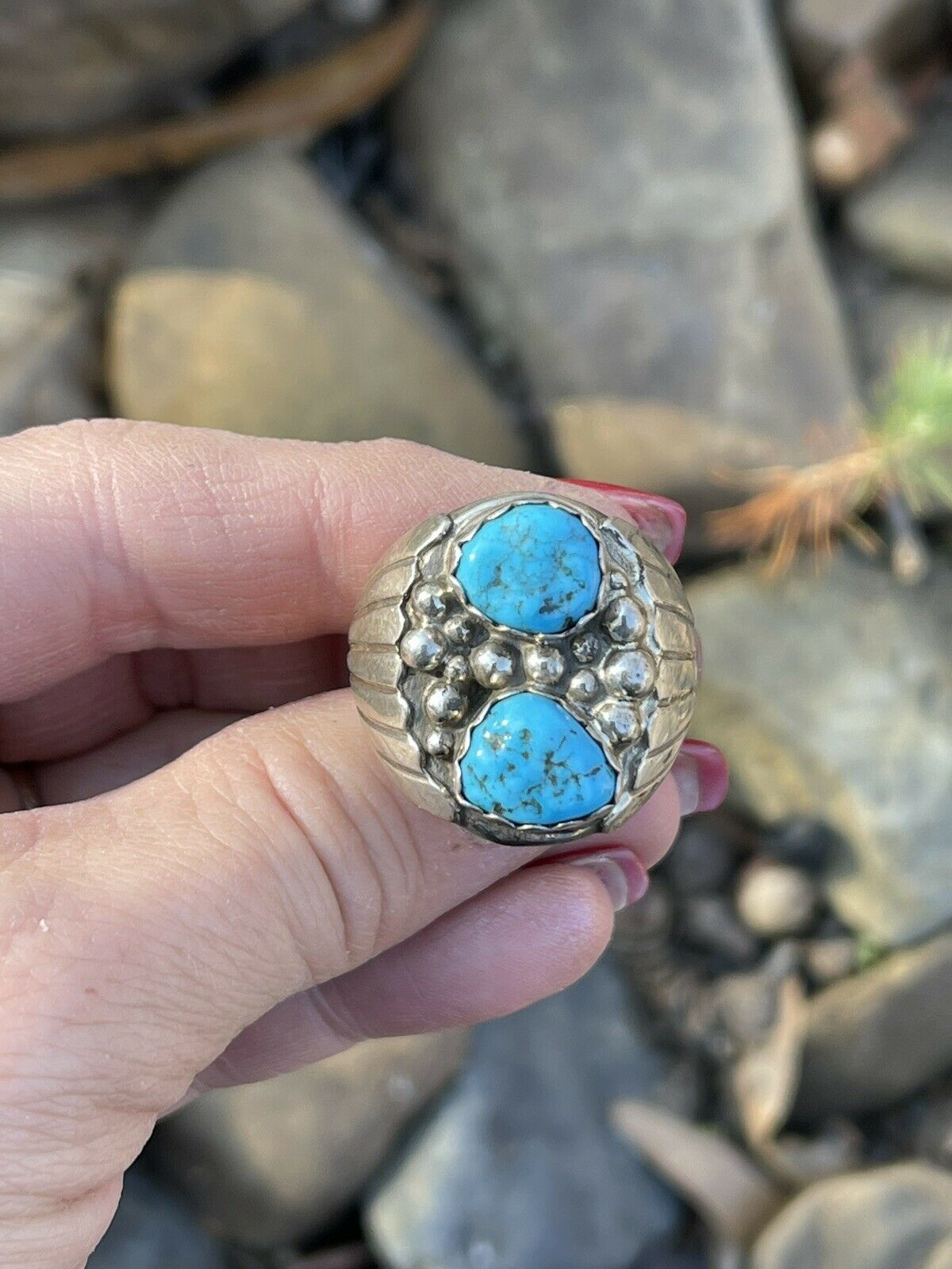 Navajo Sterling Silver & Kingman Turquoise 2 Stone Ring Size 13.5