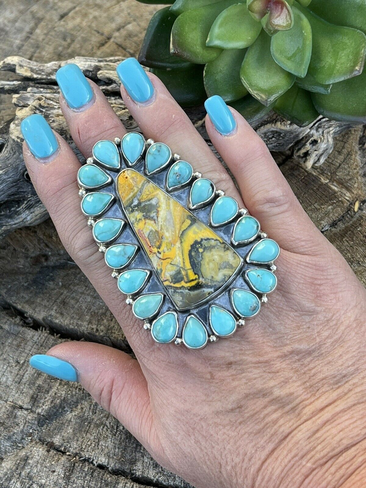 Navajo Sterling Bumblebee and Turquoise Stone Ring Sz 8.5