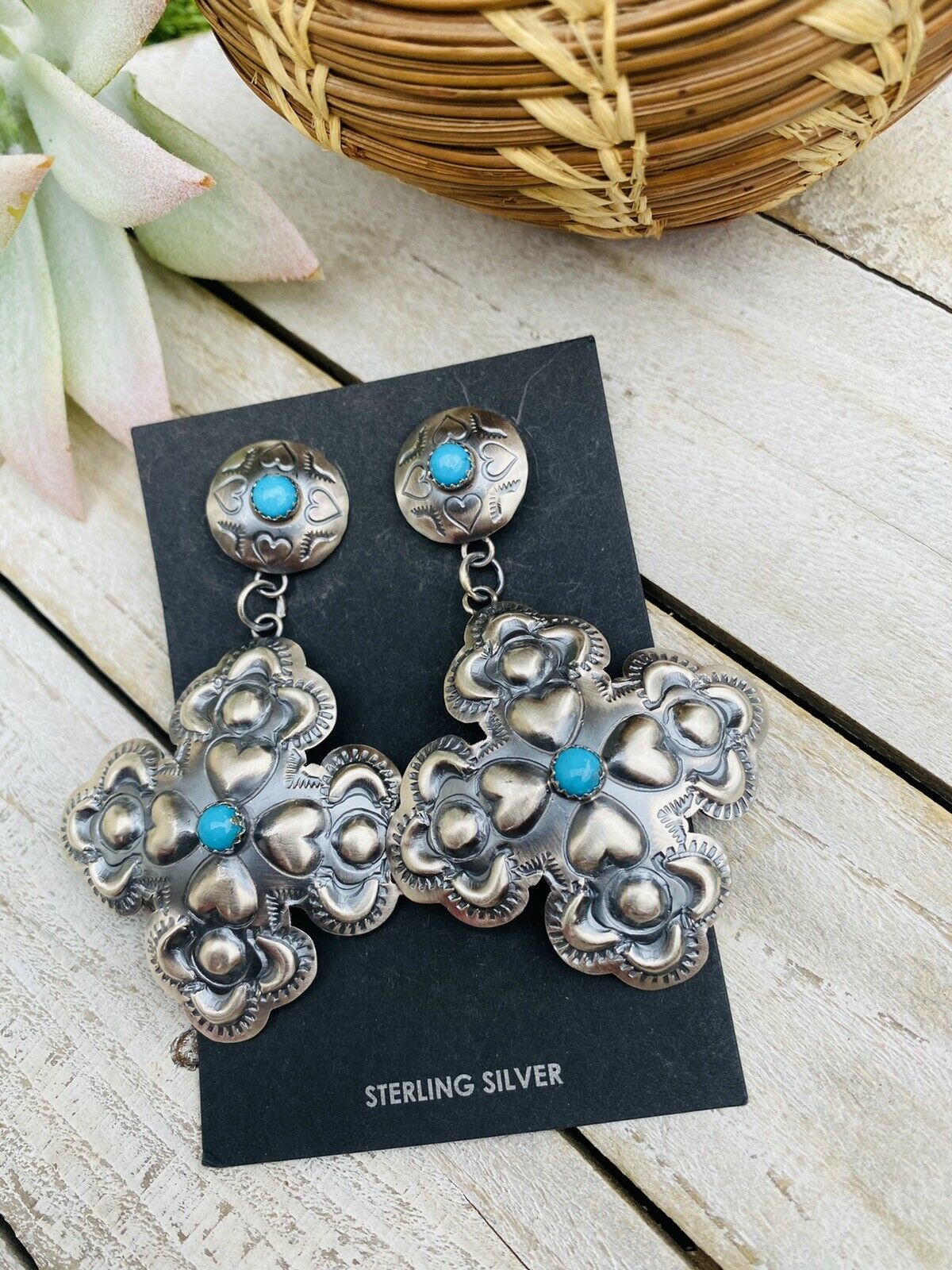 Navajo Turquoise & Sterling Silver Concho Cross Dangle Earrings By Tim Yazzie