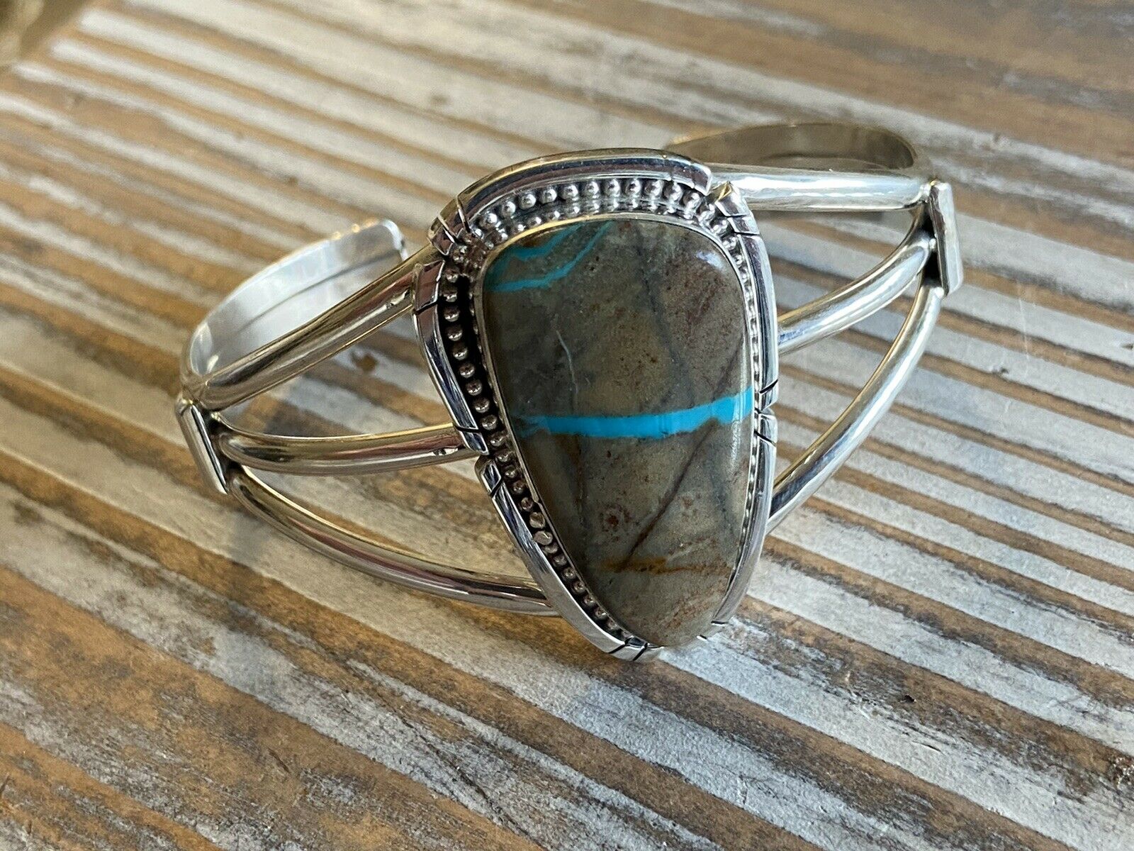 Navajo Ribbon Turquoise & Sterling Silver Cuff Bracelet Signed