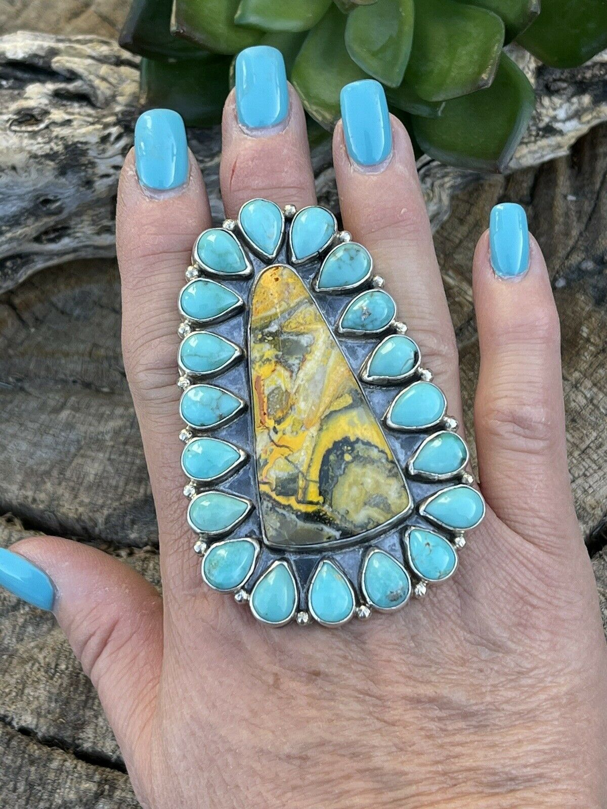 Navajo Sterling Bumblebee and Turquoise Stone Ring Sz 8.5