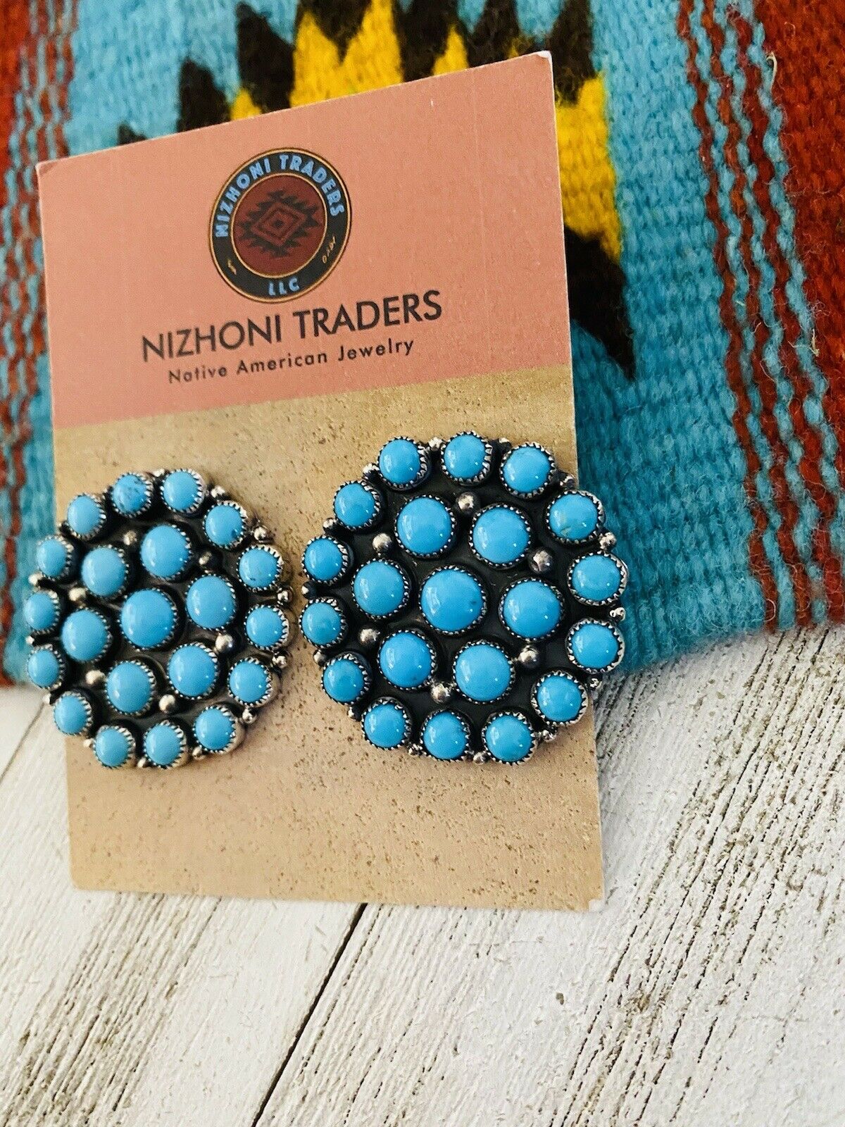 Navajo Sleeping Beauty Turquoise & Sterling Silver Cluster Stud Earrings Signed