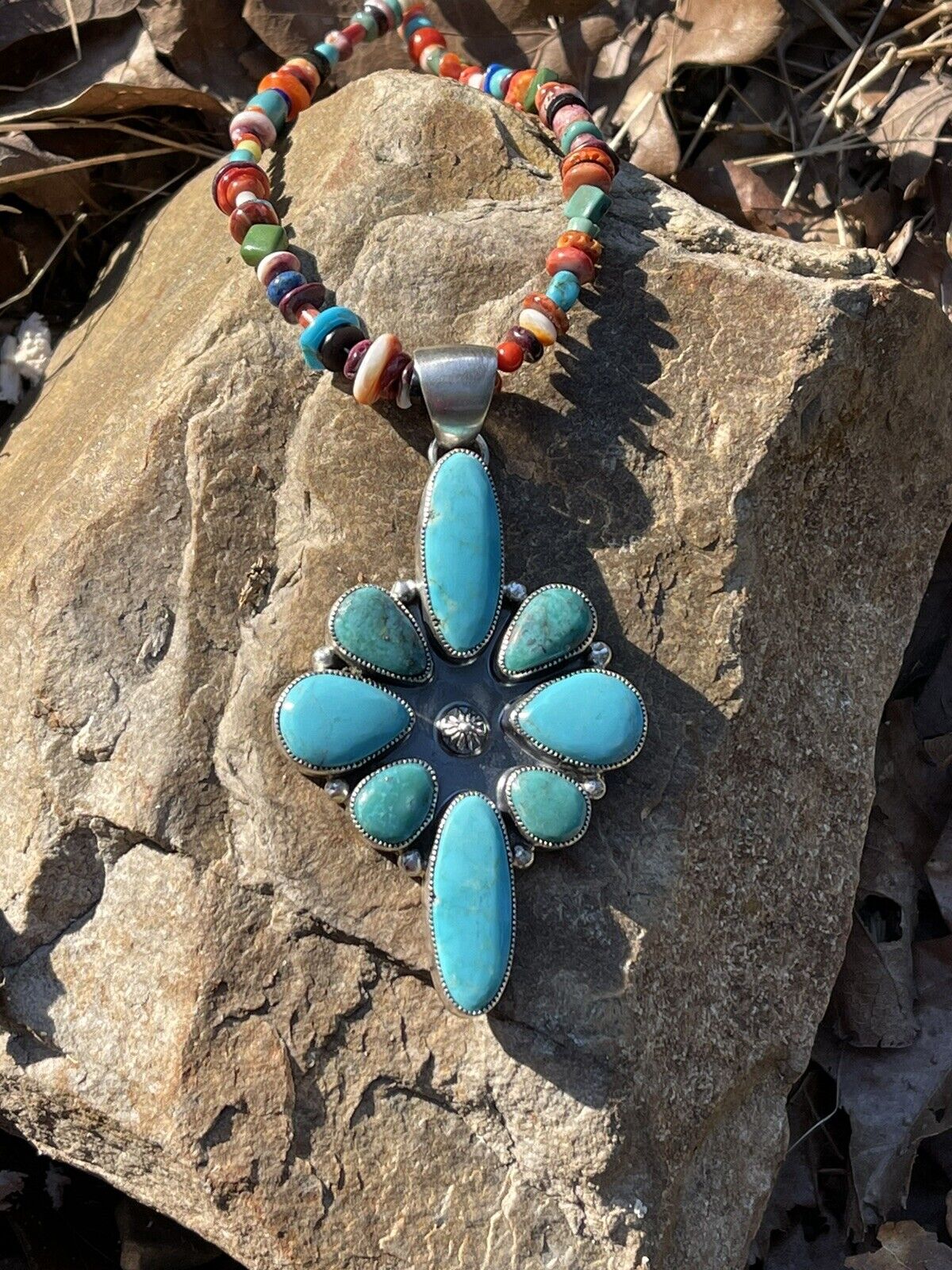 Navajo Multi Turquoise Cluster & Sterling Pendant Signed