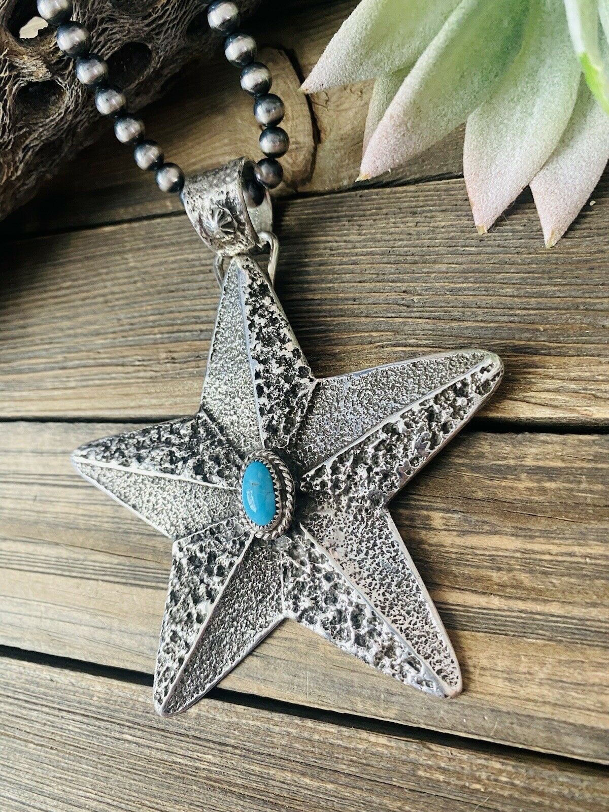 Navajo Turquoise & Sterling Silver Tufa Cast Star Pendant