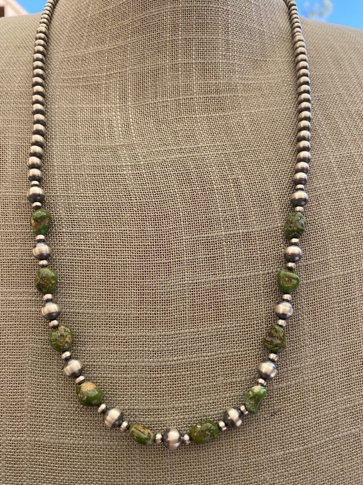 Navajo Sterling Silver & Sonoran Gold Turquoise Beaded 24 Inch Necklace