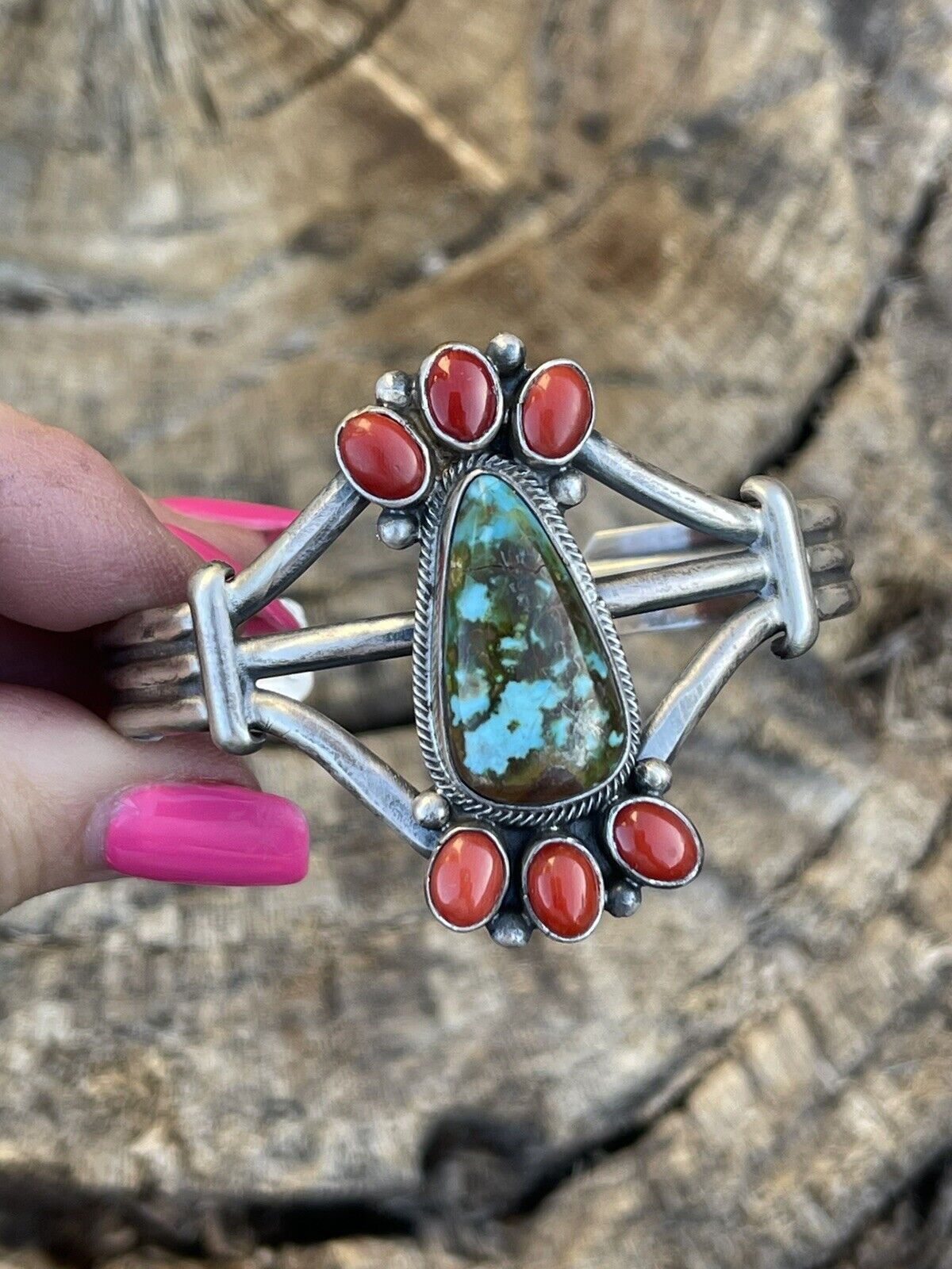 Navajo Sterling Kingman Web Turquoise & Red Coral Taos Bracelet Cuff Johnson