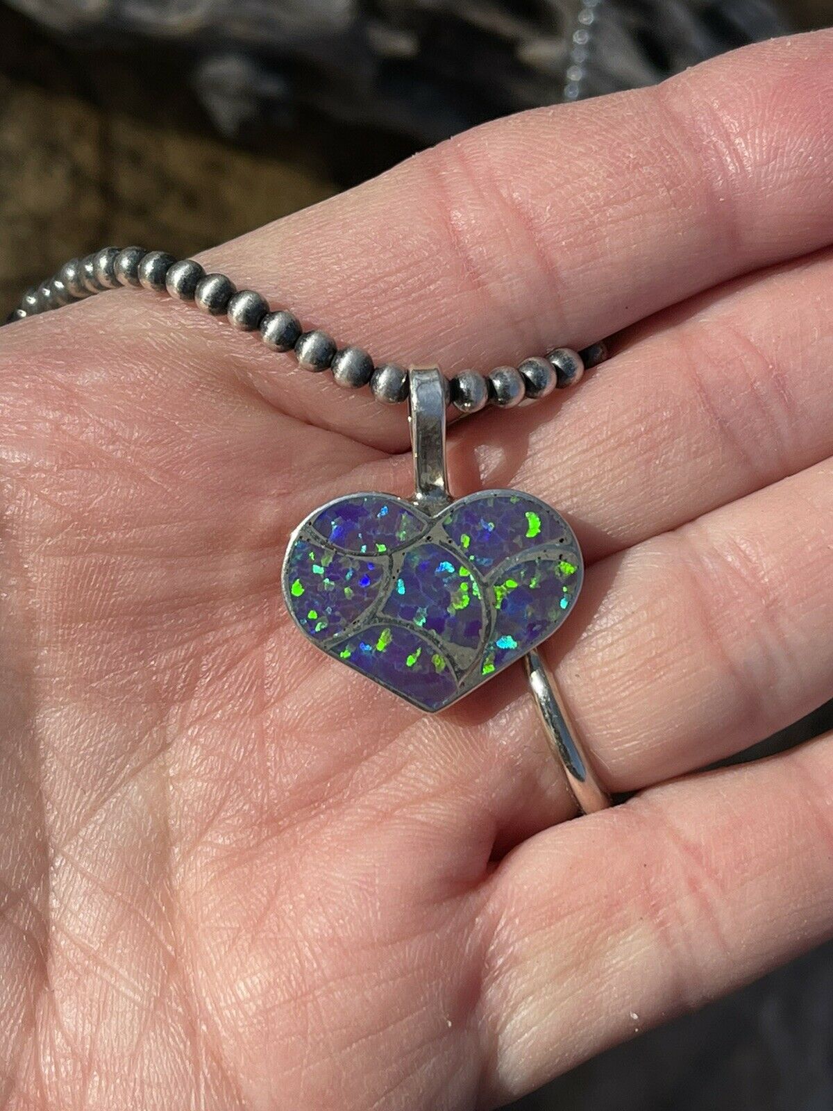 Zuni Iridescent Green Opal & Sterling Silver Heart Pendant