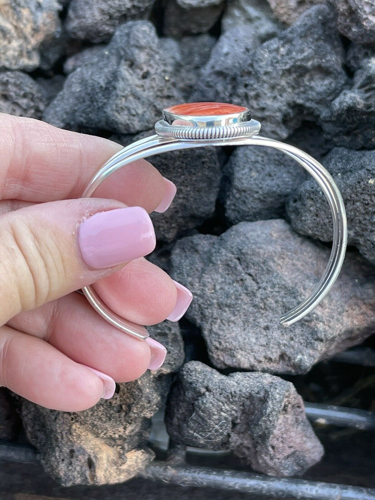 Navajo Orange Spiny Sterling Silver  Cuff Bracelet Stamped Wydell Billie