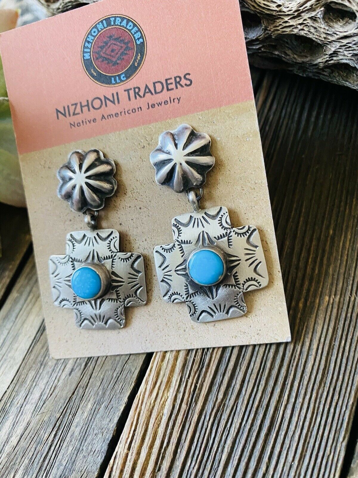 Navajo Turquoise & Sterling Silver Concho Cross Dangle Earrings