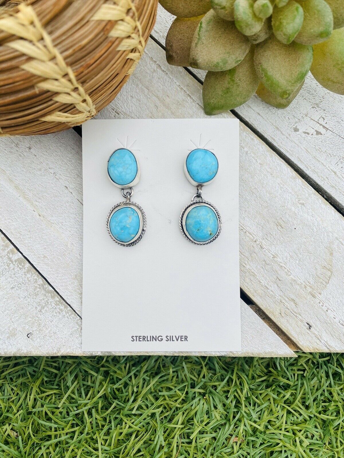 Navajo Sterling Silver & Turquoise Hand Stamped Dangle Earrings