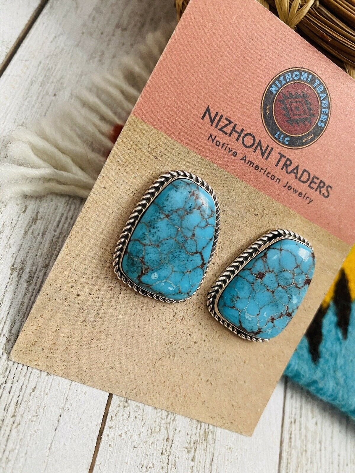 Navajo Kingman Turquoise & Sterling Silver Stud Earrings Signed