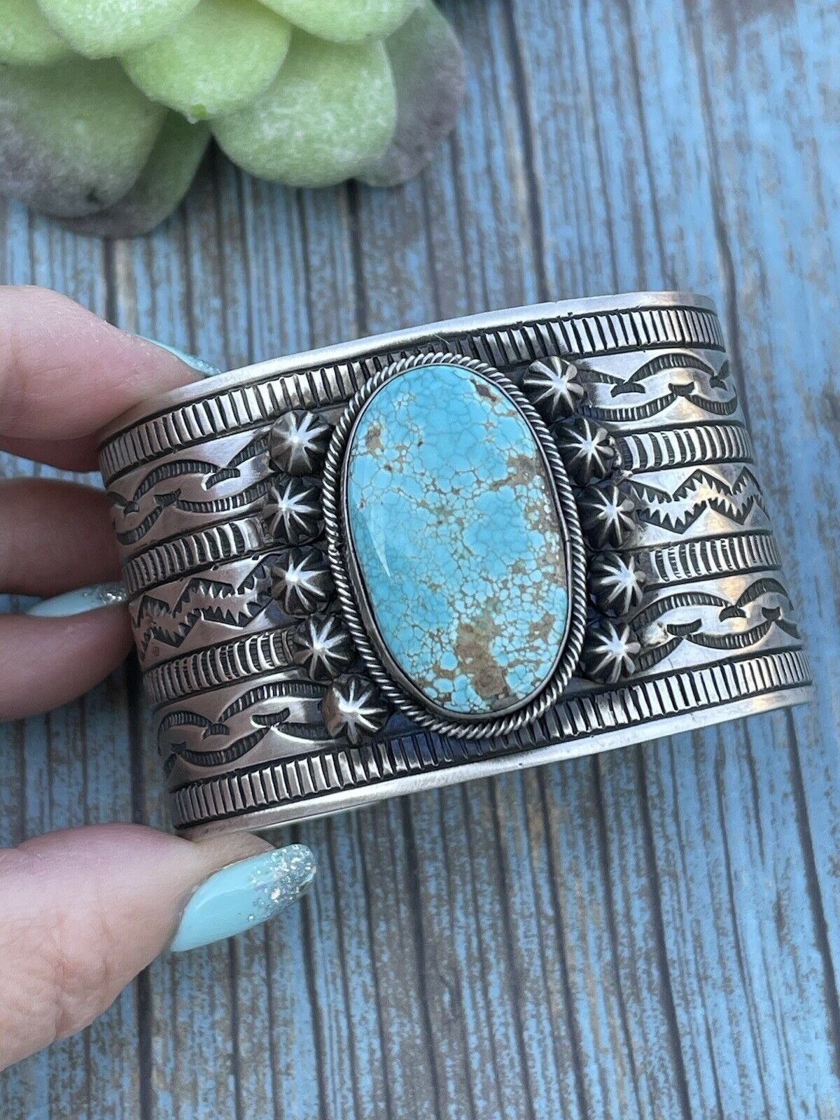 Navajo Handmade Sterling & Number 8 Turquoise Signed Cuff Signed Danny Clark