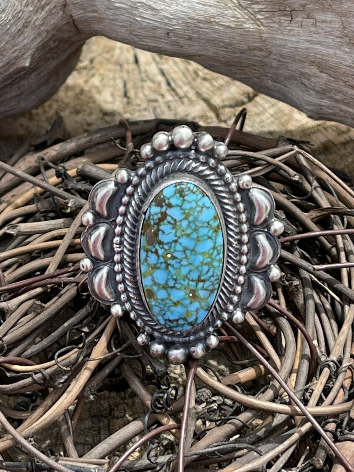 Navajo Sonoran Mountain Turquoise & Sterling Silver Statement Ring Size 8