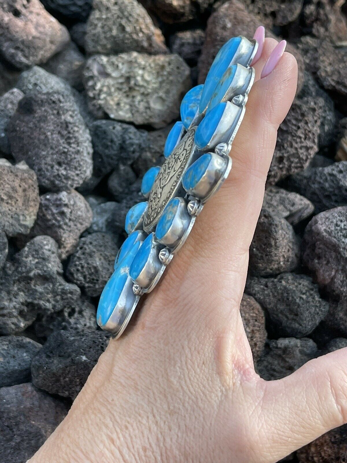 Gorgeous Navajo Sterling Silver Coin & Kingman Turquoise Adjustable Ring