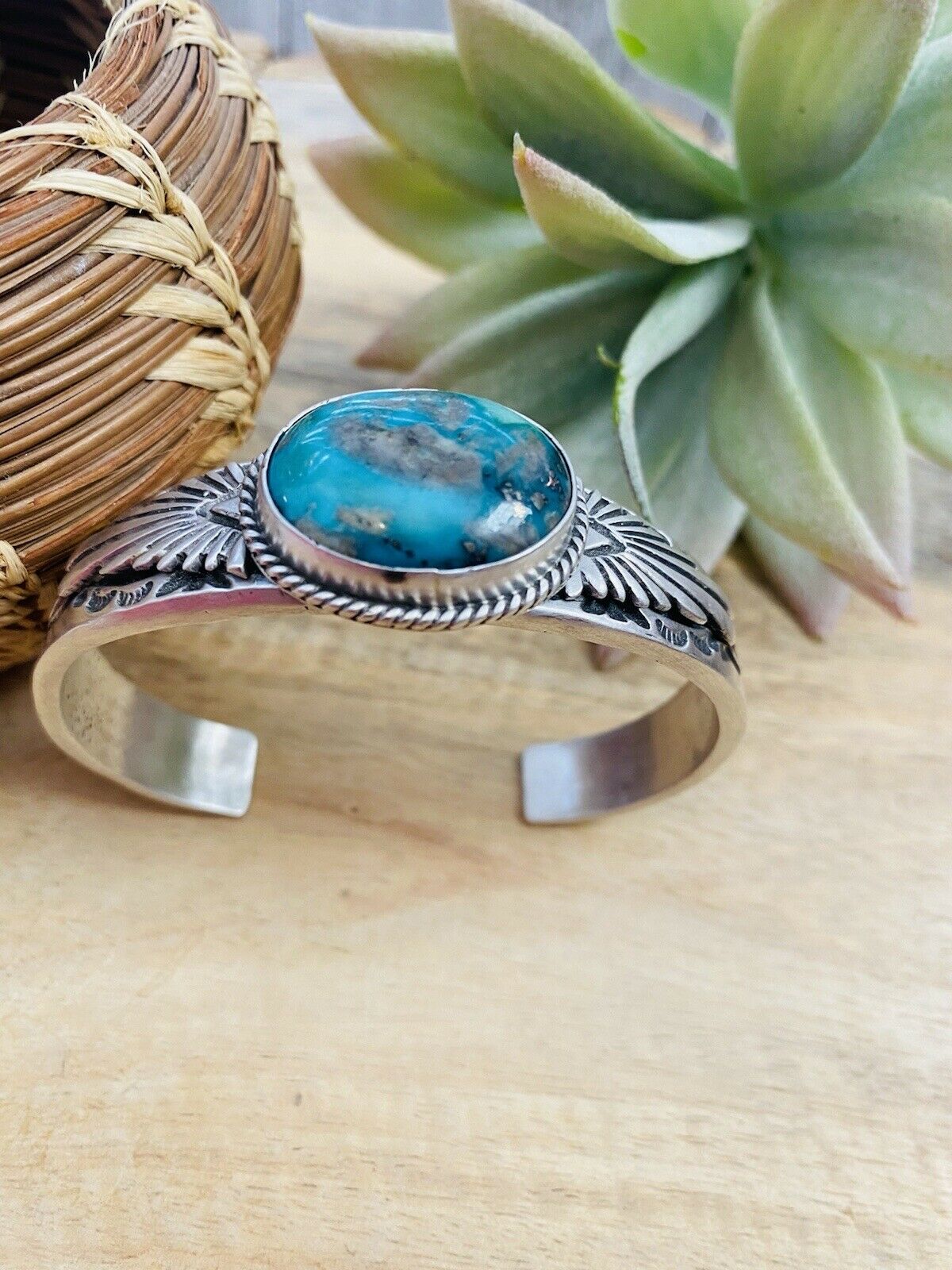 Navajo Sterling Silver & Royston Turquoise Cuff Bracelet Signed