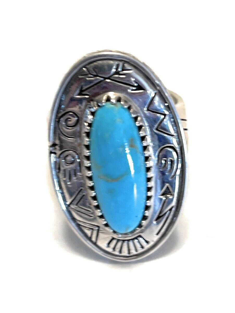 Navajo Sterling Silver Turquoise Southwest Stamped Oval Ring Sz 8.5