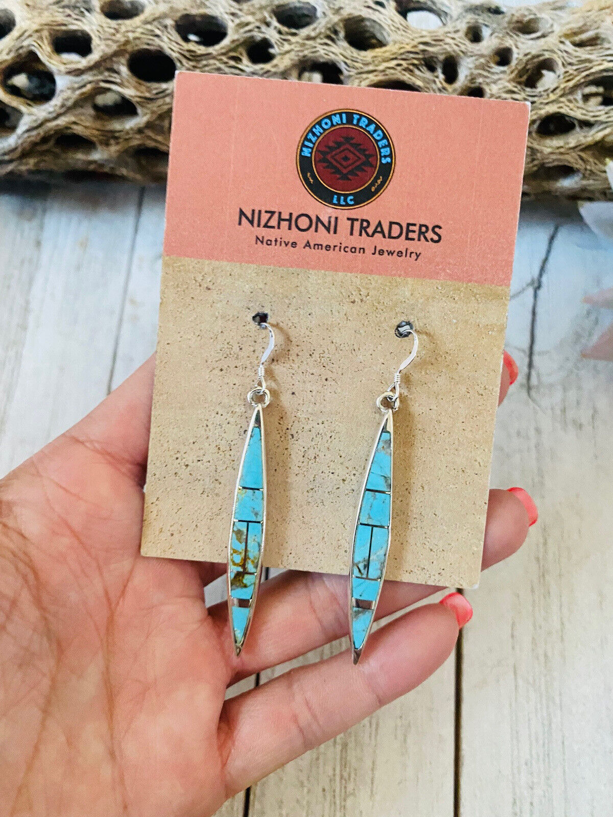 Navajo Number 8 Turquoise And Sterling Silver Inlay Dangle Earrings