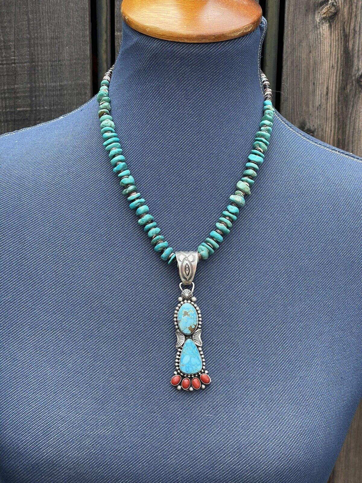 Navajo Sterling Kingman Web Turquoise & Red Coral Taos Pendant Danny Clark