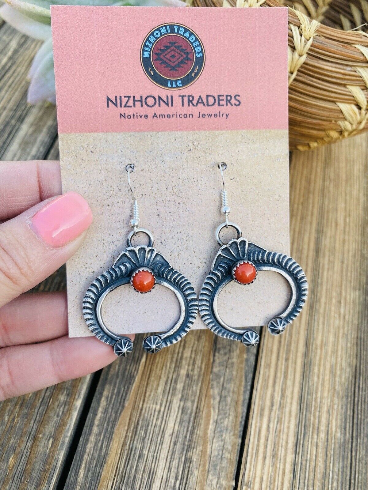 Navajo Coral & Sterling Silver Naja Cross Dangle Earrings By Kevin Billah